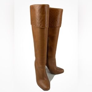 Coach Knee High Boot Carmel Leather Rounded Toe Stacked Heel Size 6.5.
